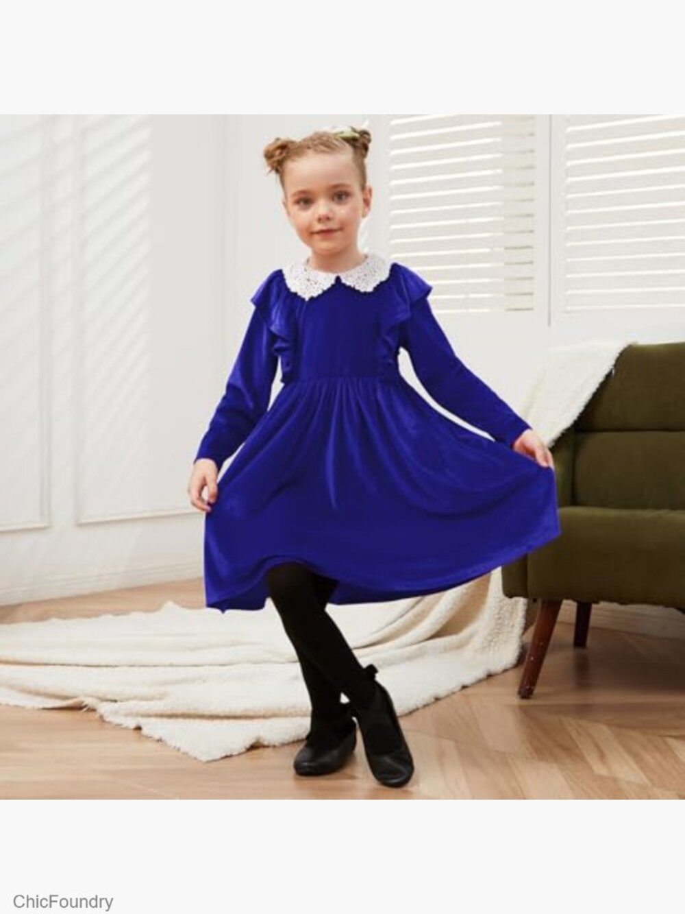 Girls Velvet Dress Ruffle Trim Long Sleeve Midi Guipure Lace Collar Party - Picture 3 of 5
